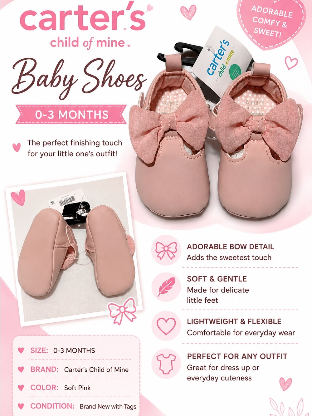 child of mine Soft Pink Bow Baby Shoes 0-3mos